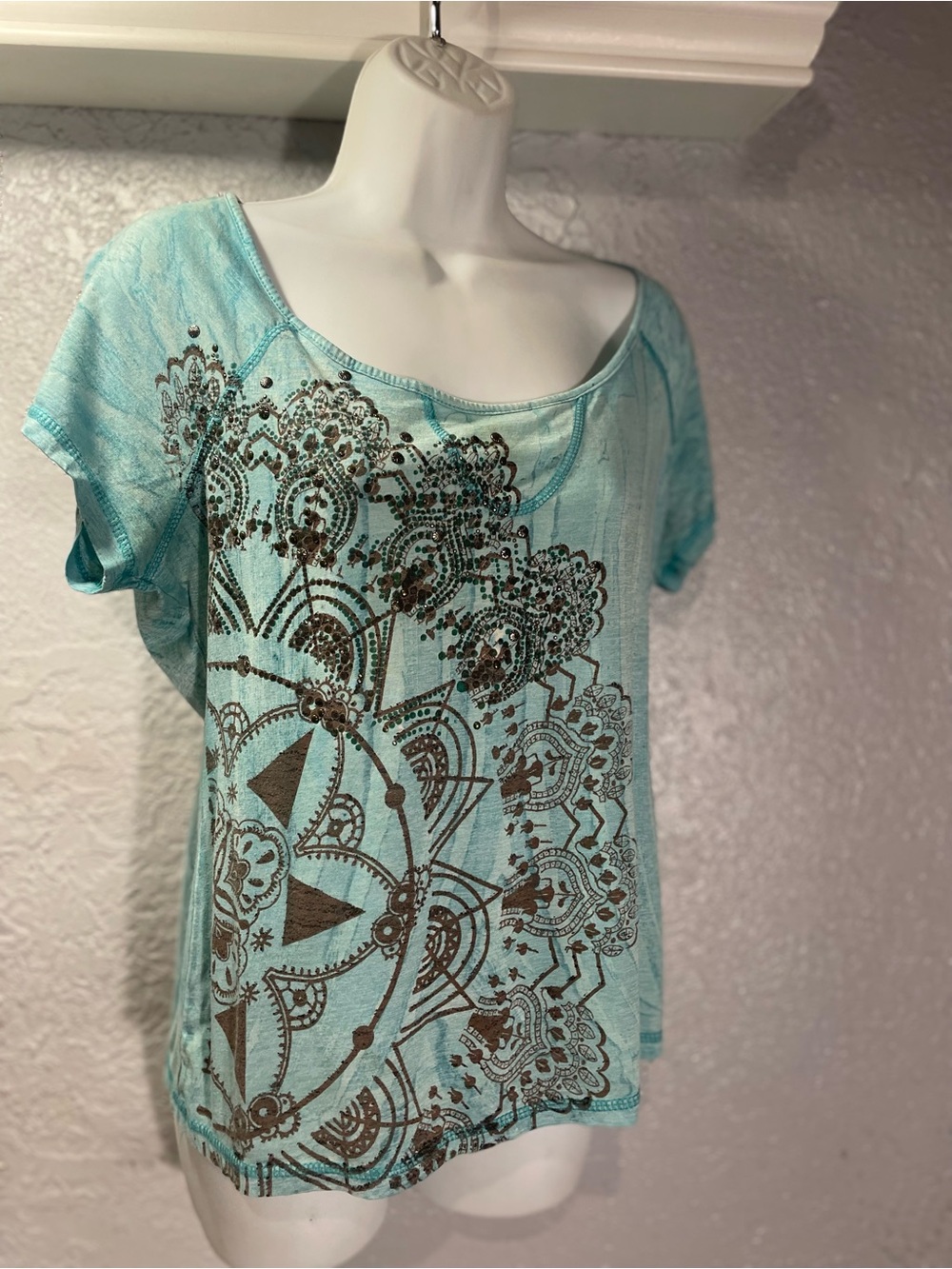 ONE WORLD Aqua Short-Sleeve Scoop Neck Top with Metallic Brown Mandala